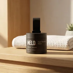 MELD compact on wooden nightstand with towel and plant