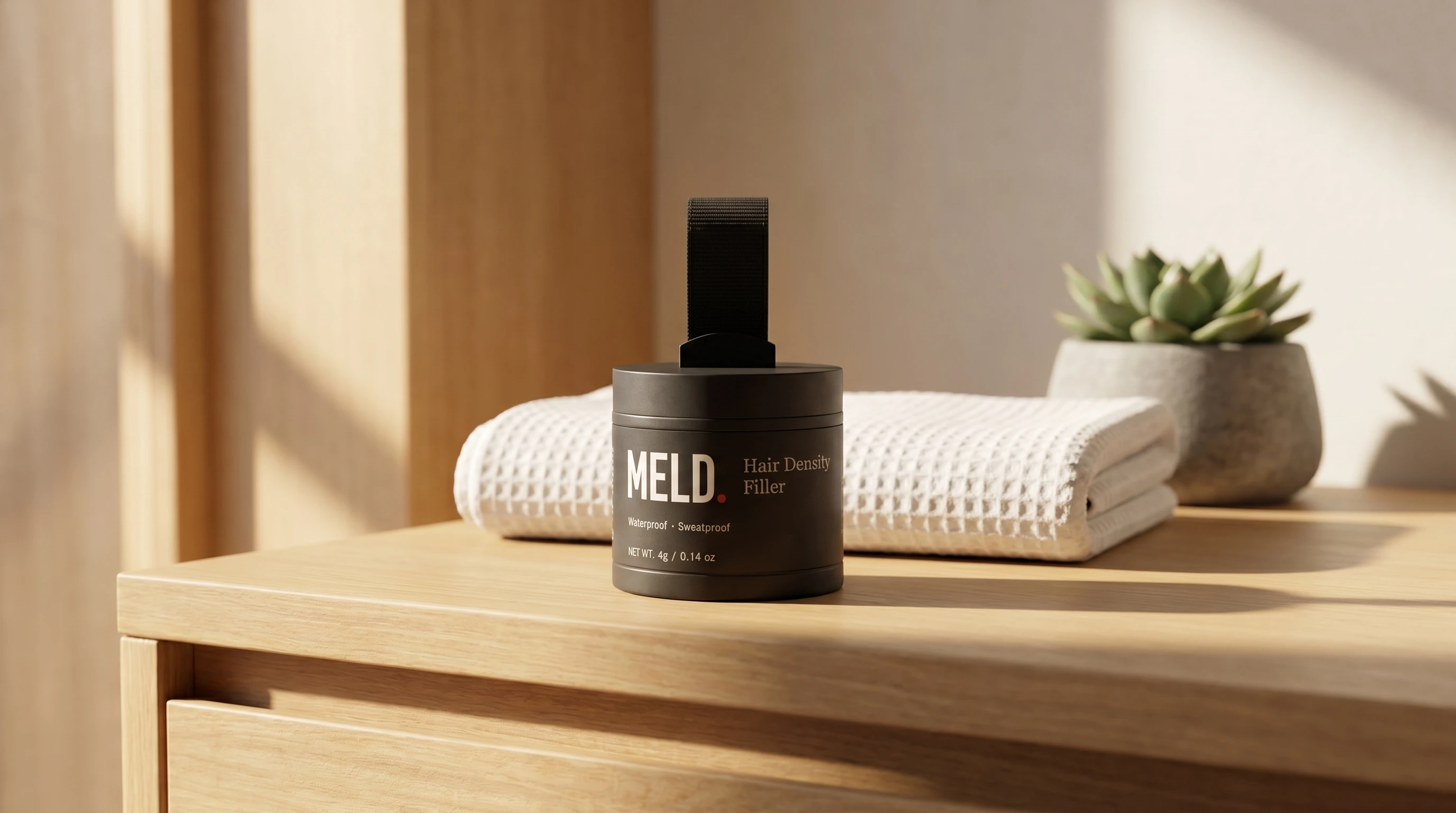 MELD compact on wooden nightstand with towel and plant