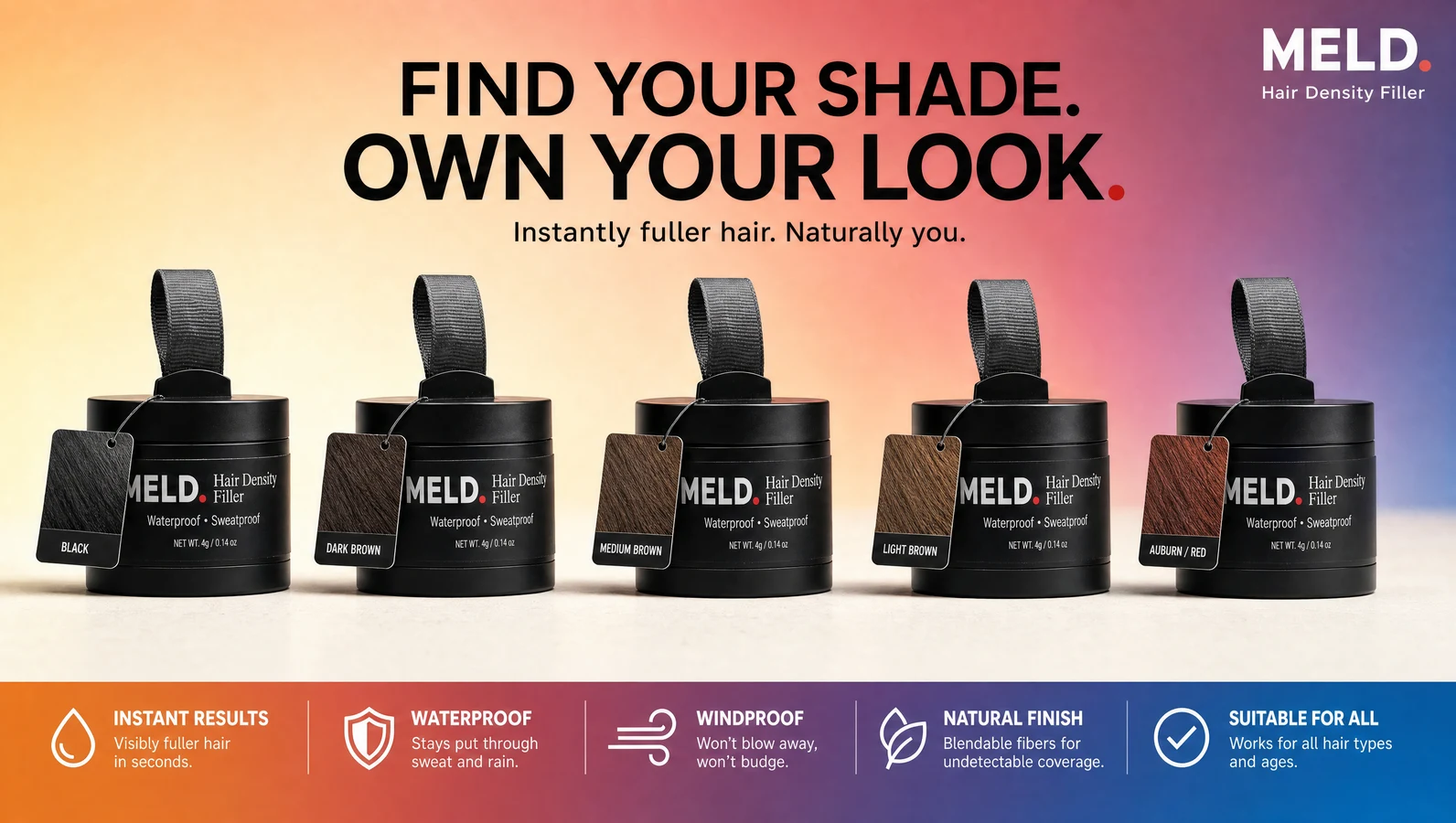 MELD shade guide showing four shade options: Black, Dark Brown, Light Brown, Blonde