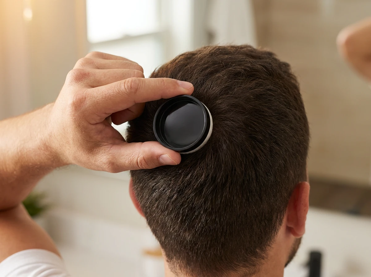 MELD applicator pressed against the scalp at the crown, with dense full coverage
